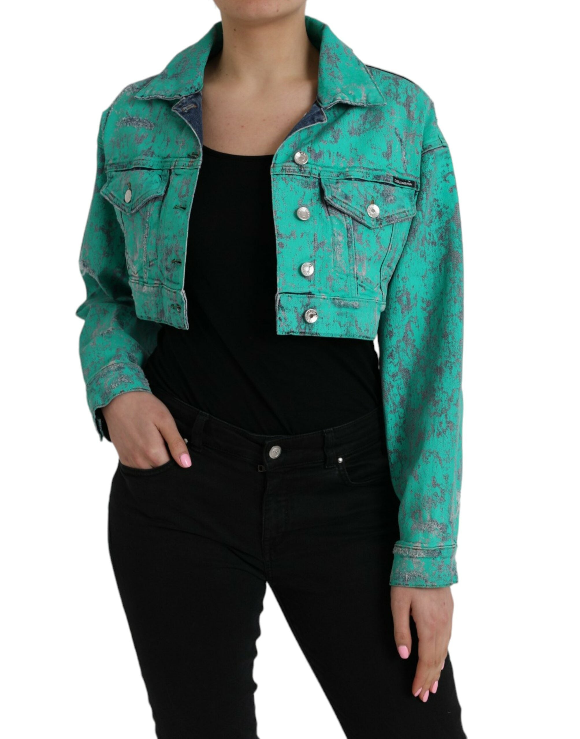 Dolce & Gabbana Green Cotton Tie Dye Cropped Cropped Denim Women's Jacket
