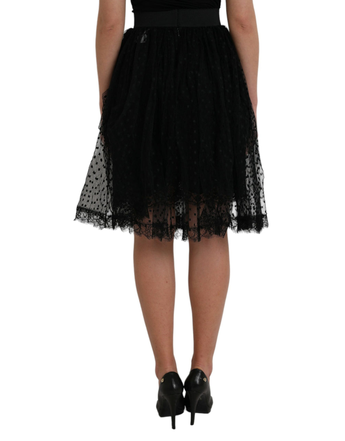 Dolce & Gabbana Black Nylon Lace Trim High Waist A-line Women's Skirt