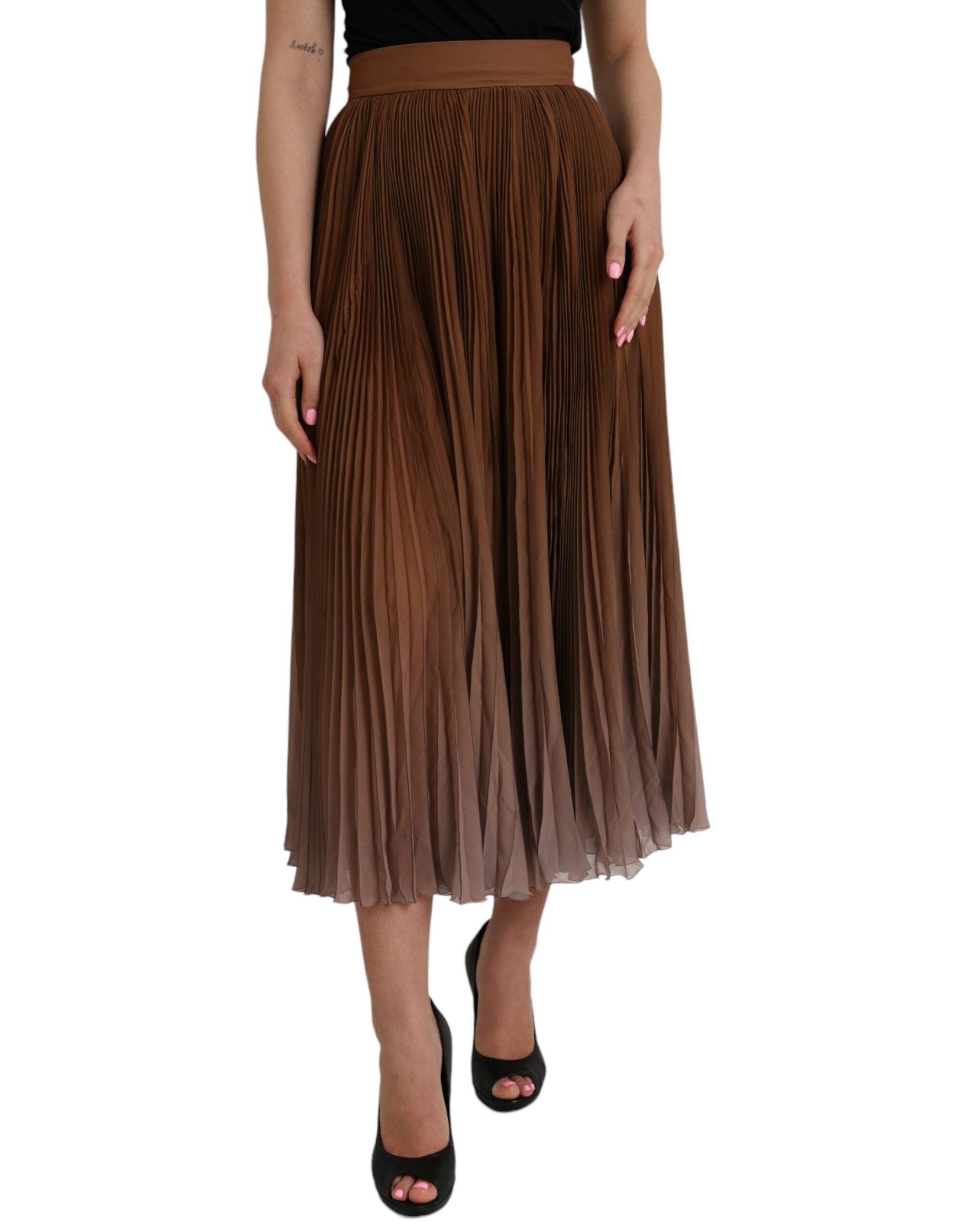 Dolce & Gabbana Brown Polyester Pleated High Waist Midi Women's Skirt