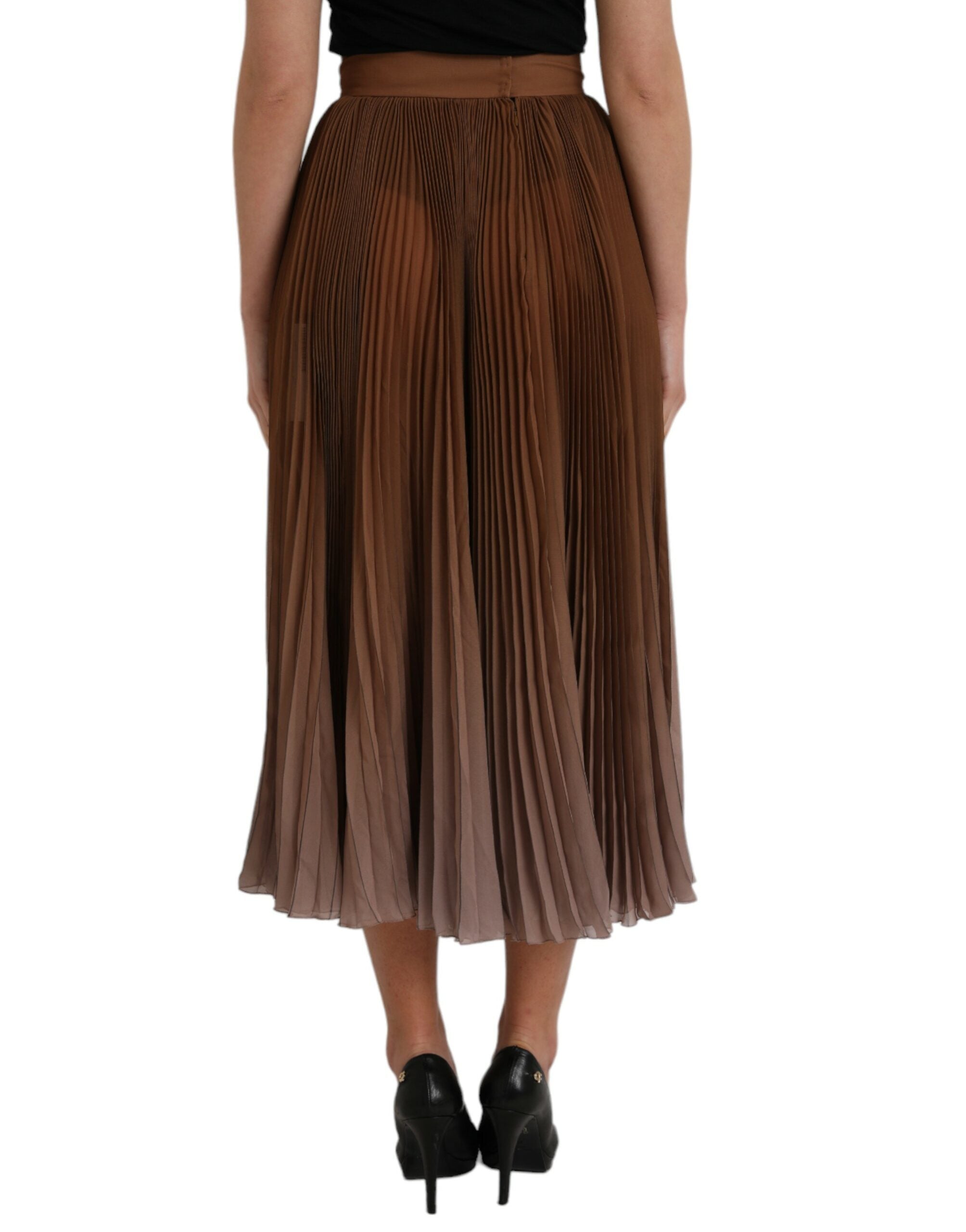 Dolce & Gabbana Brown Polyester Pleated High Waist Midi Women's Skirt