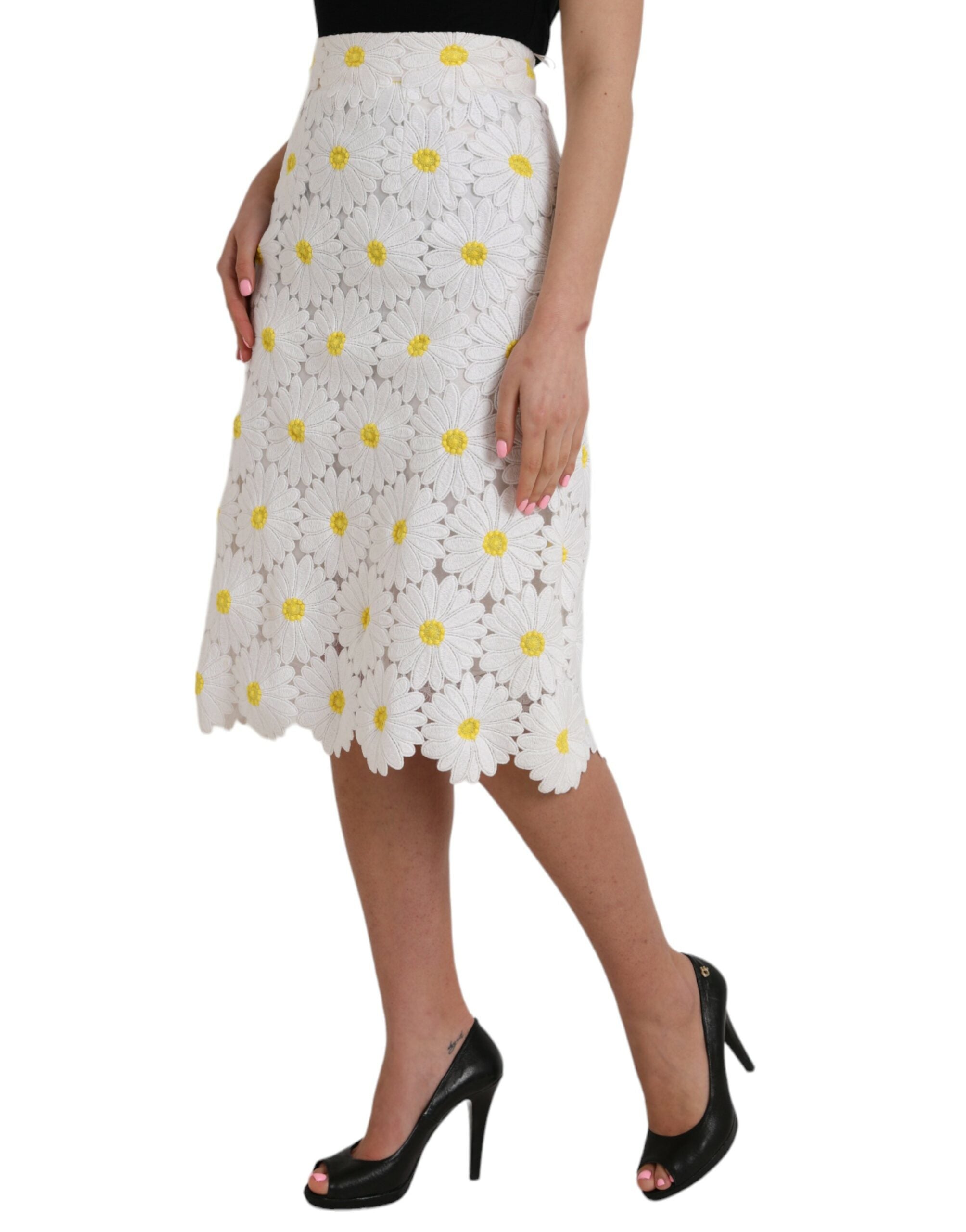 Dolce & Gabbana White Floral Pencil Straight Lace Women's Skirt