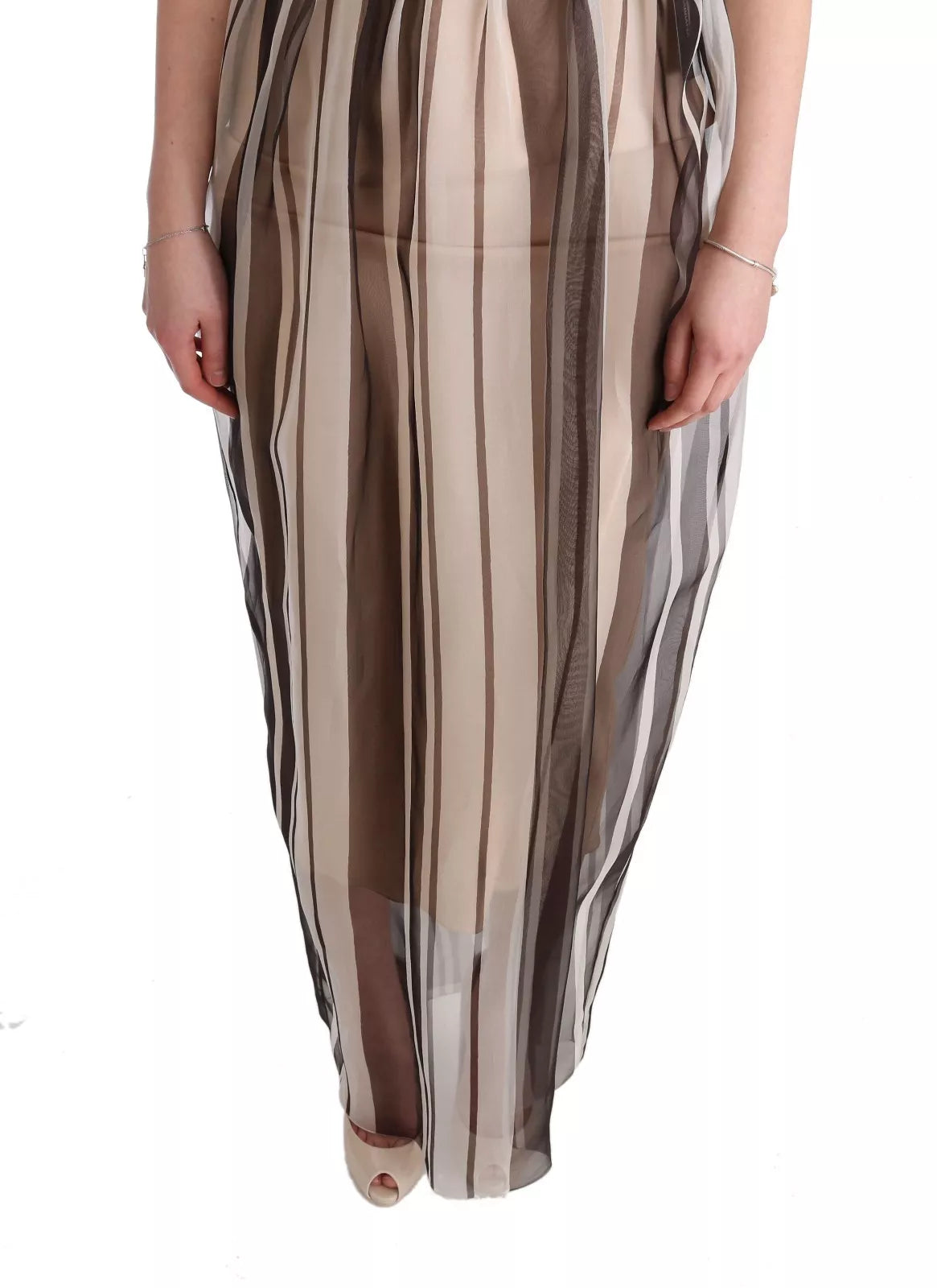 Dolce & Gabbana Beige Brown Striped Silk Sheath Women's Dress (Pre-Owned)
