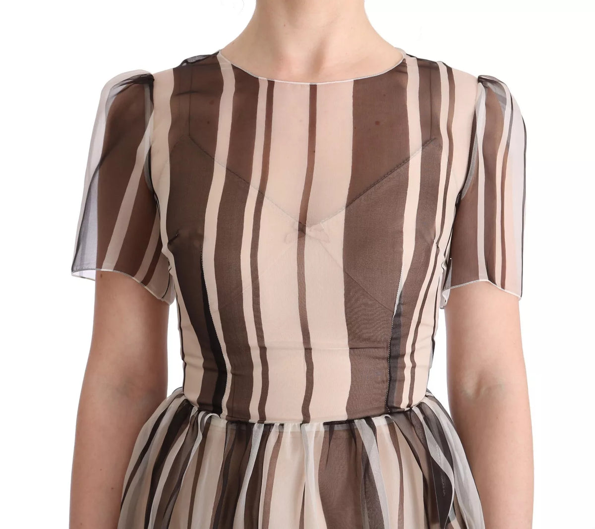 Dolce & Gabbana Beige Brown Striped Silk Sheath Women's Dress (Pre-Owned)