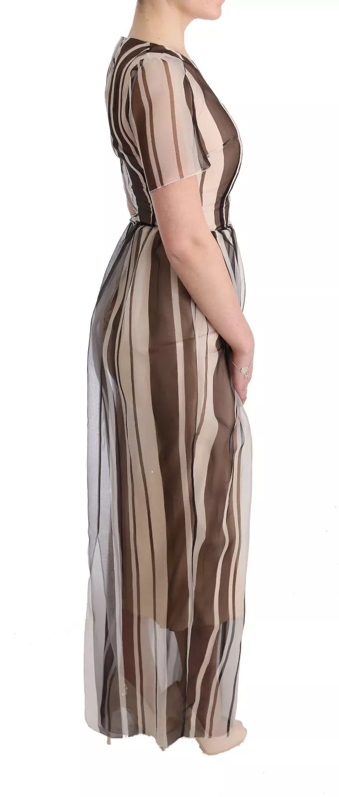 Dolce & Gabbana Beige Brown Striped Silk Sheath Women's Dress (Pre-Owned)