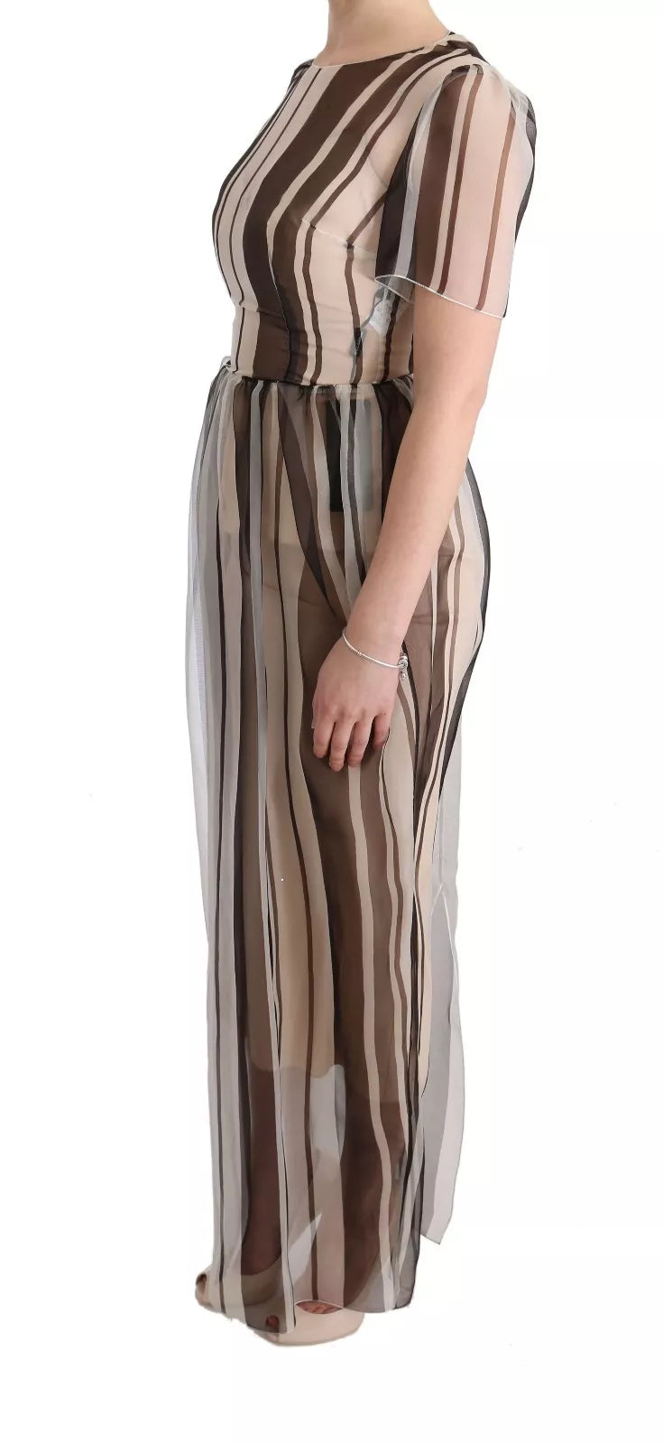 Dolce & Gabbana Beige Brown Striped Silk Sheath Women's Dress (Pre-Owned)