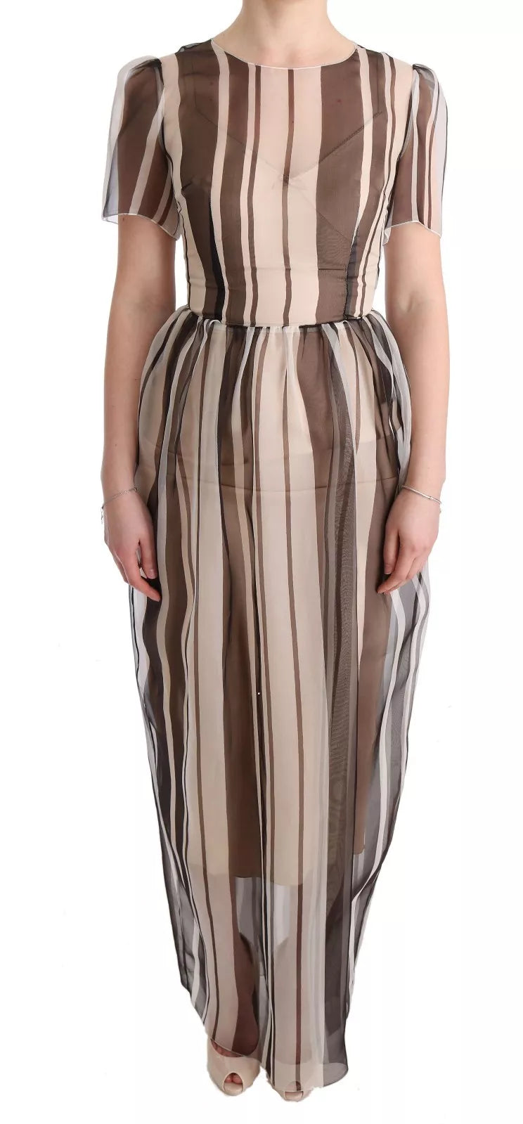 Dolce & Gabbana Beige Brown Striped Silk Sheath Women's Dress (Pre-Owned)