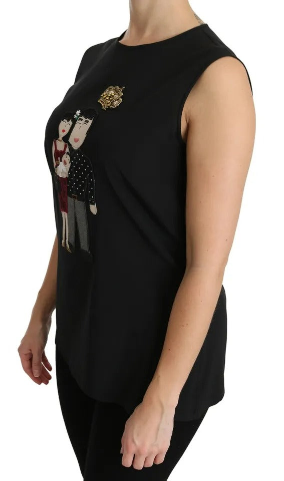 Dolce & Gabbana Black Silk DG Family Crystal Sleeveless Women's Top (Pre-Owned)