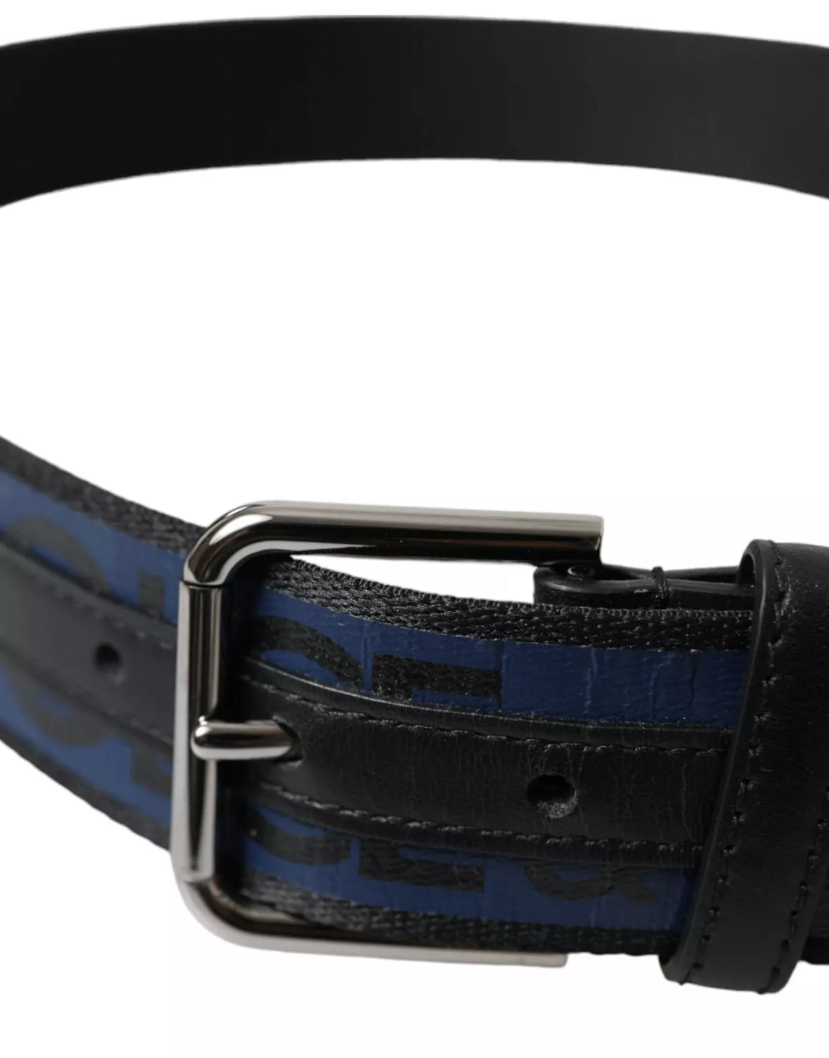 Dolce & Gabbana Black Blue Logo Silver Metal Buckle Men's Belt (Pre-Owned)