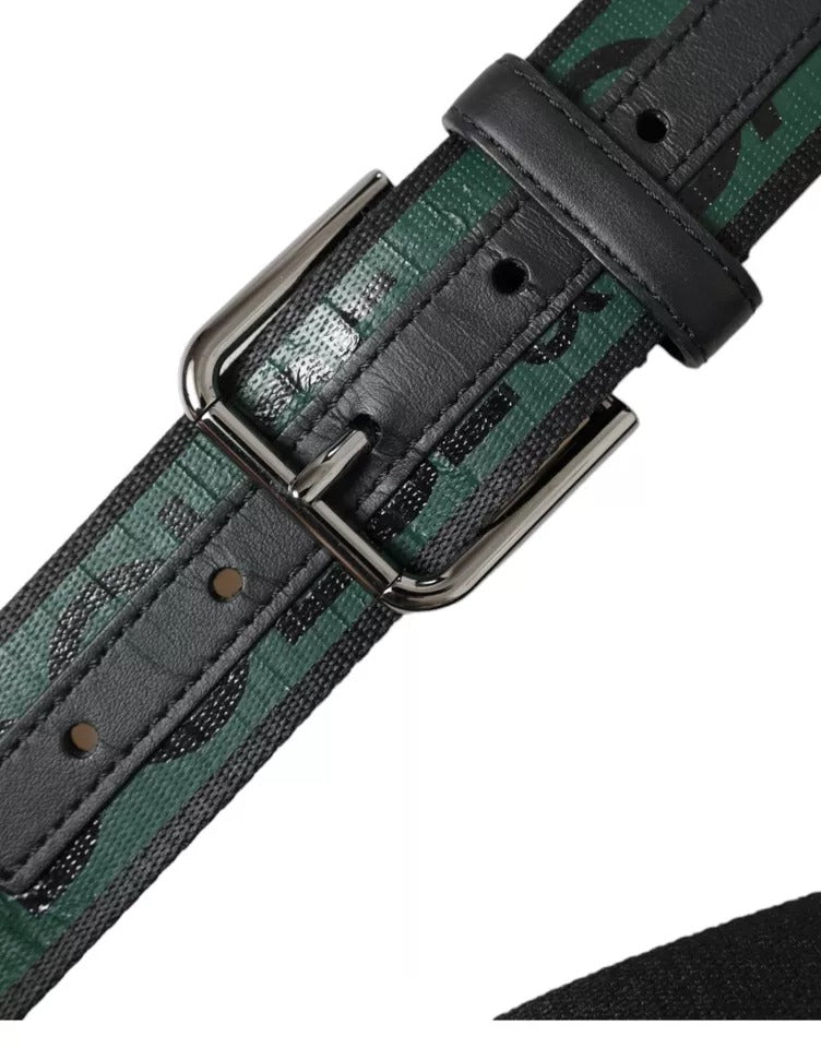 Dolce & Gabbana Black Green Logo Silver Metal Buckle Men's Belt (Pre-Owned)