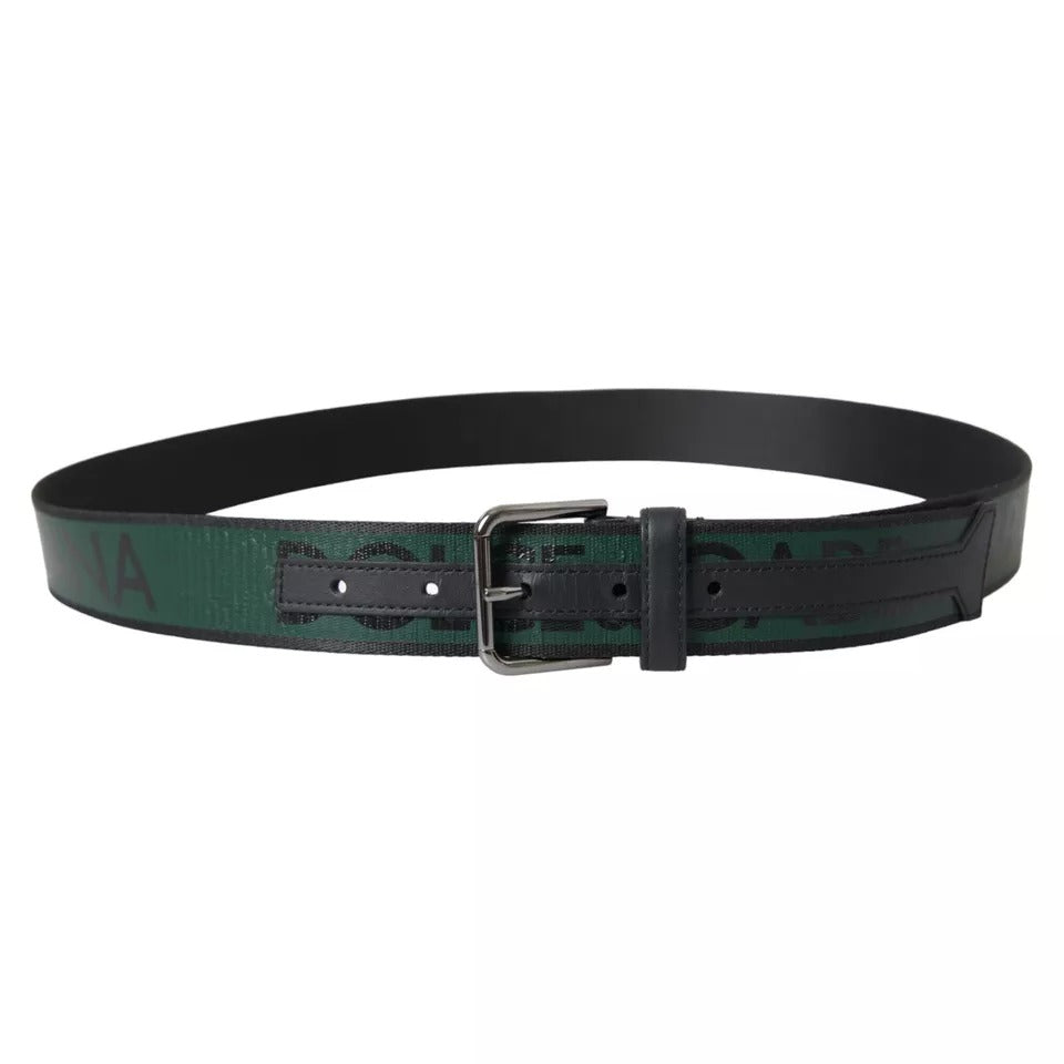 Dolce & Gabbana Black Green Logo Silver Metal Buckle Men's Belt (Pre-Owned)