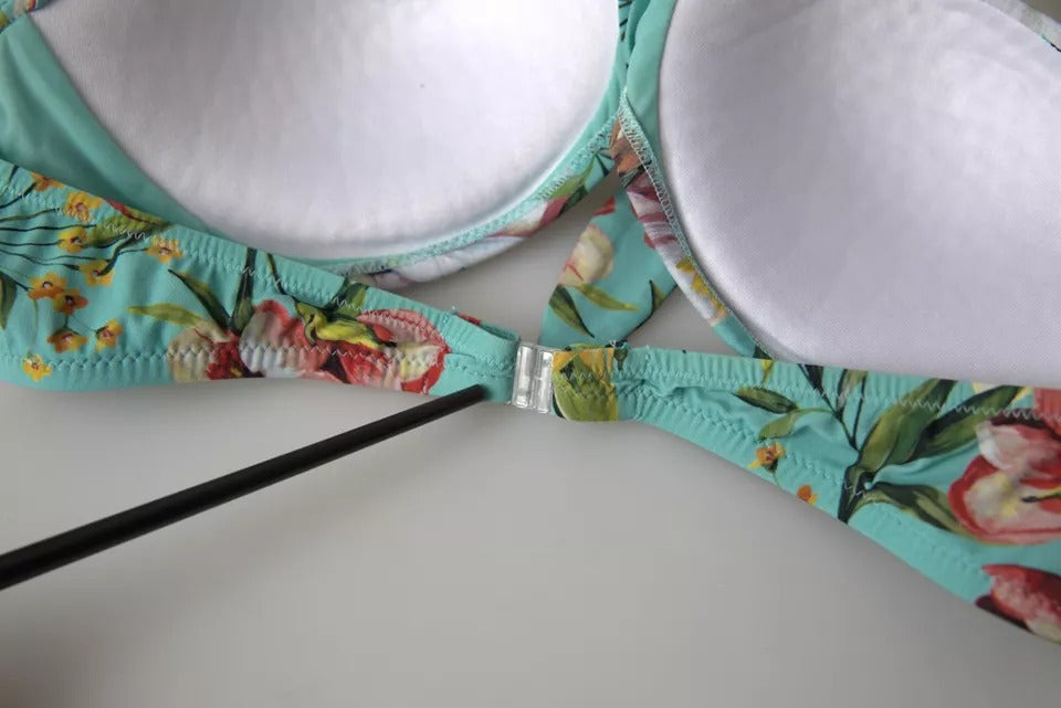 Dolce & Gabbana Mint Green Floral Print Beachwear Bikini Women's Top (Pre-Owned)