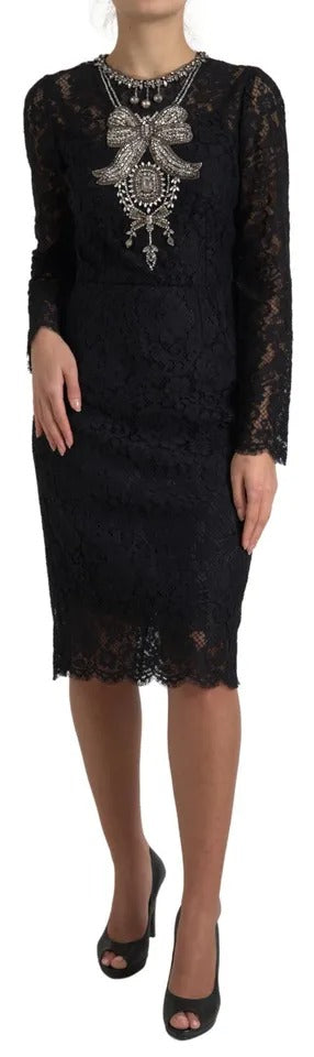 Dolce & Gabbana Black Nylon Lace Embellished Sheath Women's Dress (Pre-Owned)