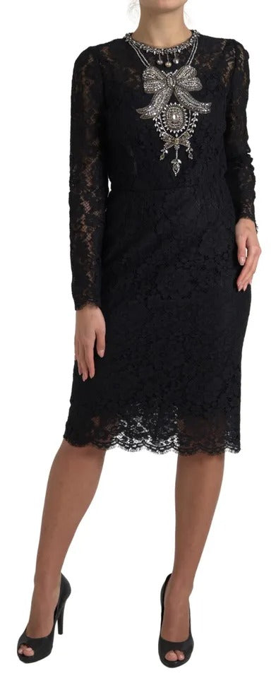 Dolce & Gabbana Black Nylon Lace Embellished Sheath Women's Dress (Pre-Owned)