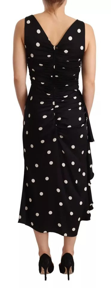 Dolce & Gabbana Black Silk Polka Dots V-neck Sheath Midi Women's Dress (Pre-Owned)