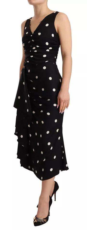 Dolce & Gabbana Black Silk Polka Dots V-neck Sheath Midi Women's Dress (Pre-Owned)