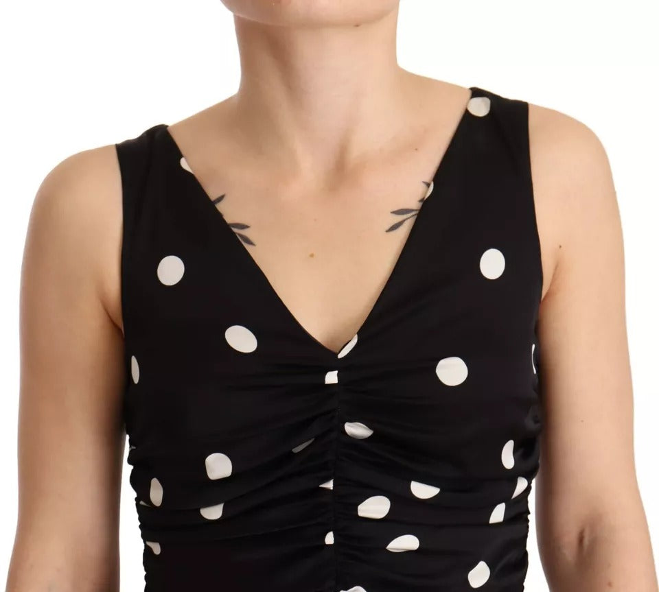 Dolce & Gabbana Black Silk Polka Dots V-neck Sheath Midi Women's Dress (Pre-Owned)