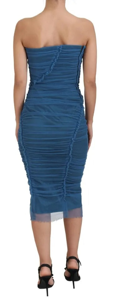 Dolce & Gabbana Blue Mesh Trim Ruched Tulle Sheath Women's Dress (Pre-Owned)