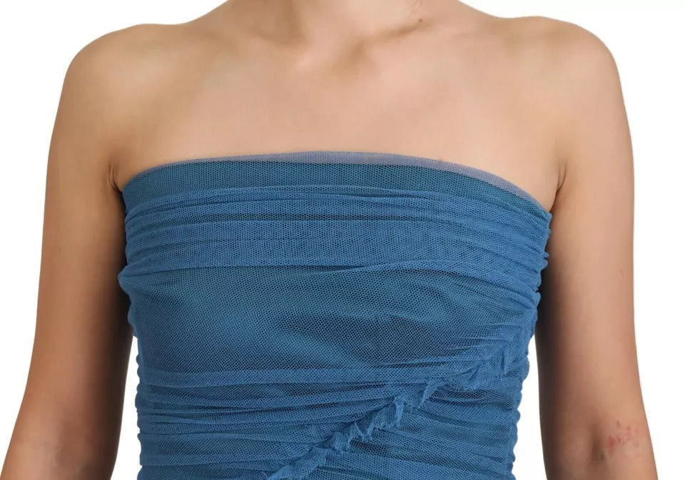 Dolce & Gabbana Blue Mesh Trim Ruched Tulle Sheath Women's Dress (Pre-Owned)
