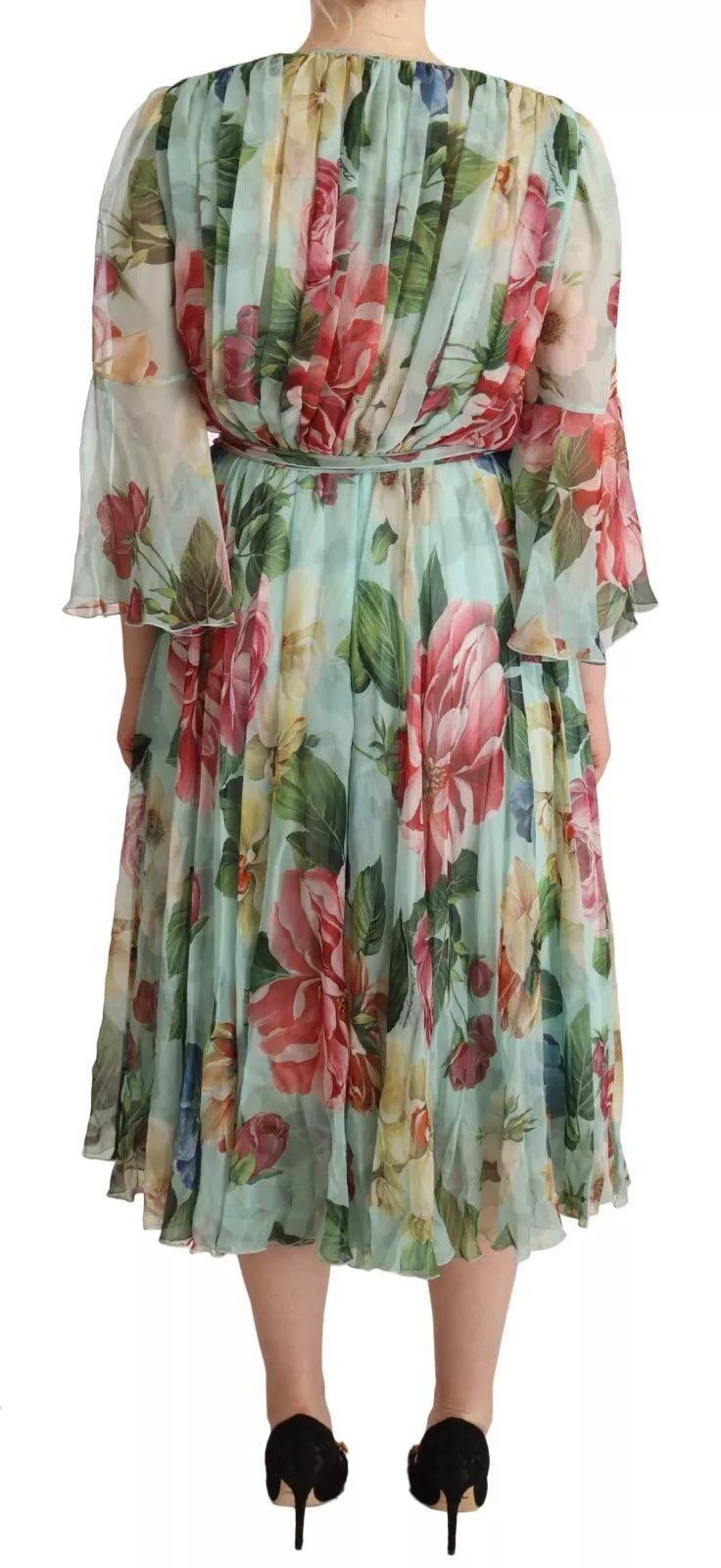 Dolce & Gabbana Green Floral Long Sleeve V-neck Midi Women's Dress (Pre-Owned)