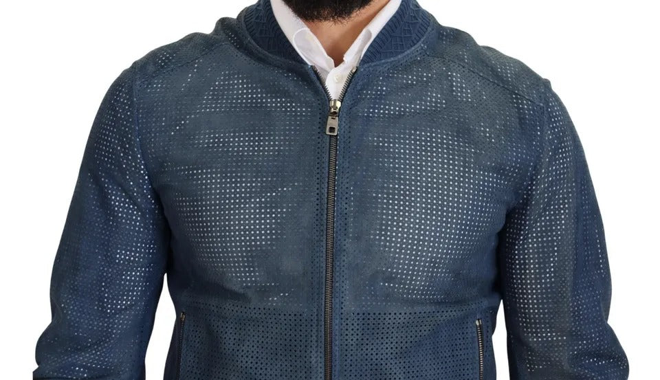 Dolce & Gabbana Blue Leather Perforated Full Zip Men's Jacket (Pre-Owned)