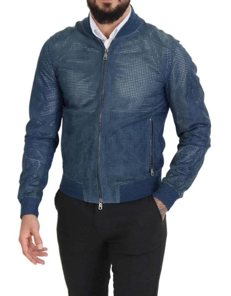 Dolce & Gabbana Blue Leather Perforated Full Zip Men's Jacket (Pre-Owned)