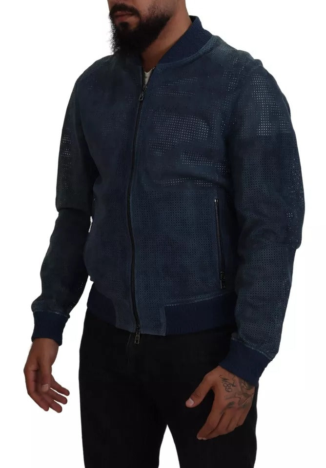 Dolce & Gabbana Blue Leather Perforated Full Zip Men's Jacket (Pre-Owned)