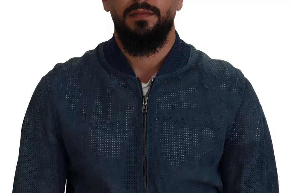 Dolce & Gabbana Blue Leather Perforated Full Zip Men's Jacket (Pre-Owned)