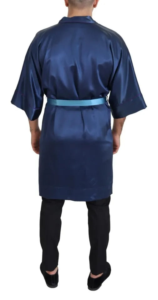 Dolce & Gabbana Blue Satin Silk Waist Belt Robe Men's Jacket (Pre-Owned)