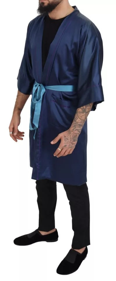 Dolce & Gabbana Blue Satin Silk Waist Belt Robe Men's Jacket (Pre-Owned)