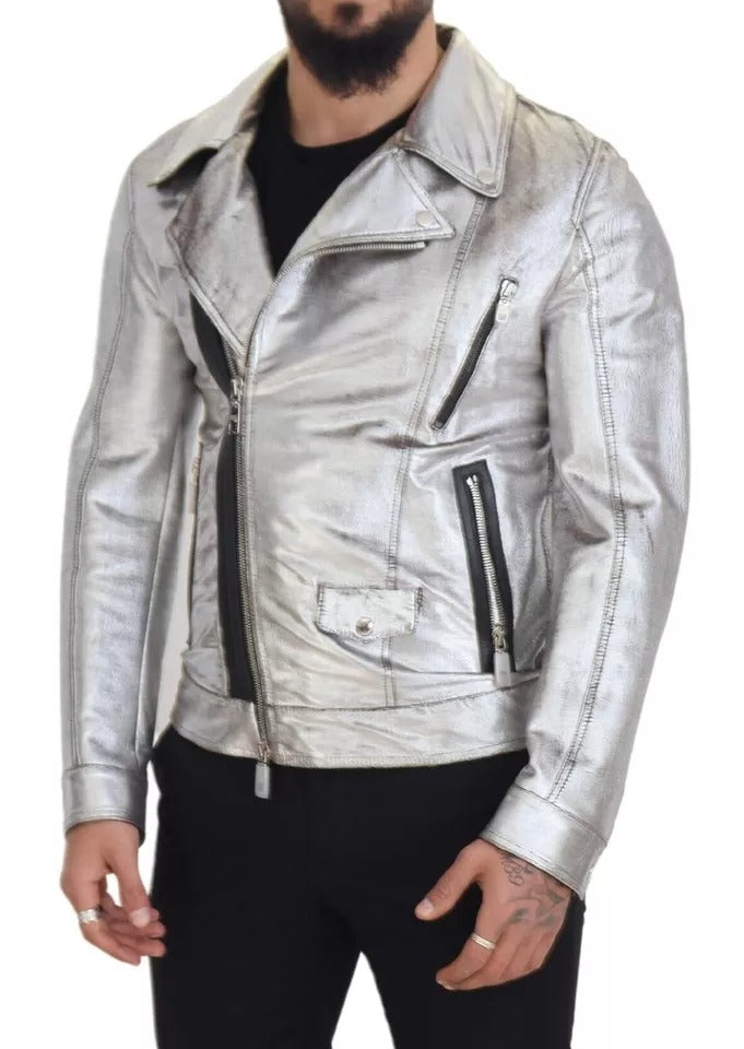 Dolce & Gabbana Silver Leather Biker Coat Lambskin Men's Jacket (Pre-Owned)