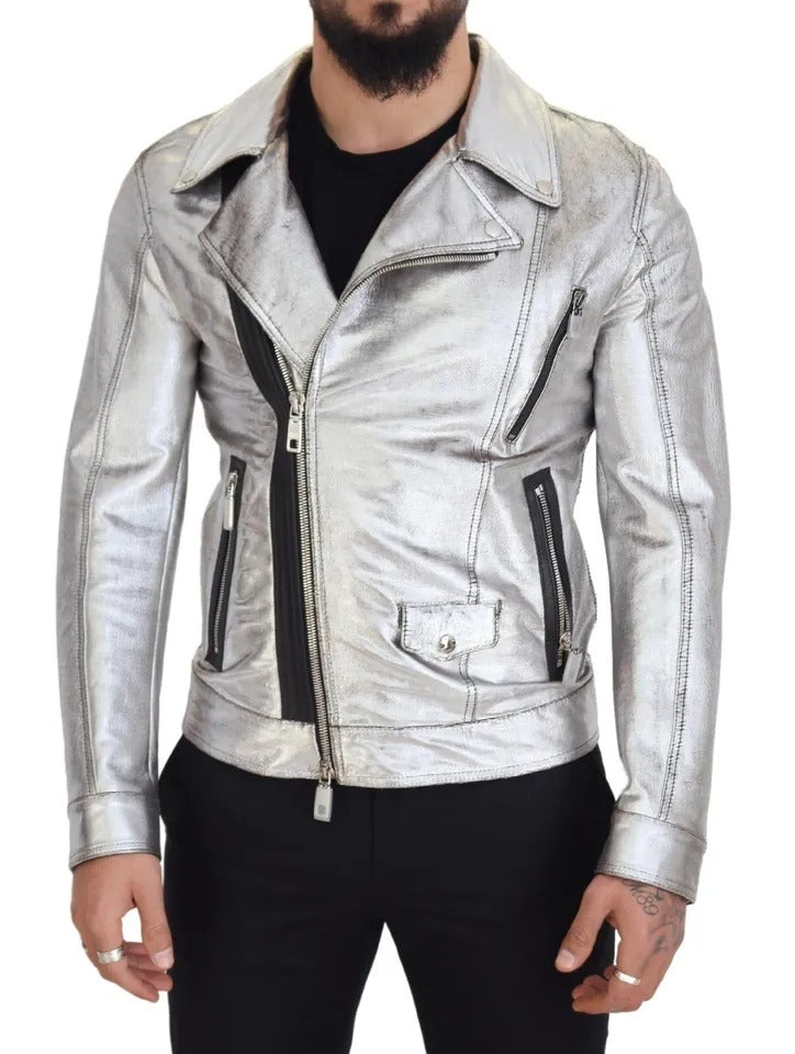 Dolce & Gabbana Silver Leather Biker Coat Lambskin Men's Jacket (Pre-Owned)