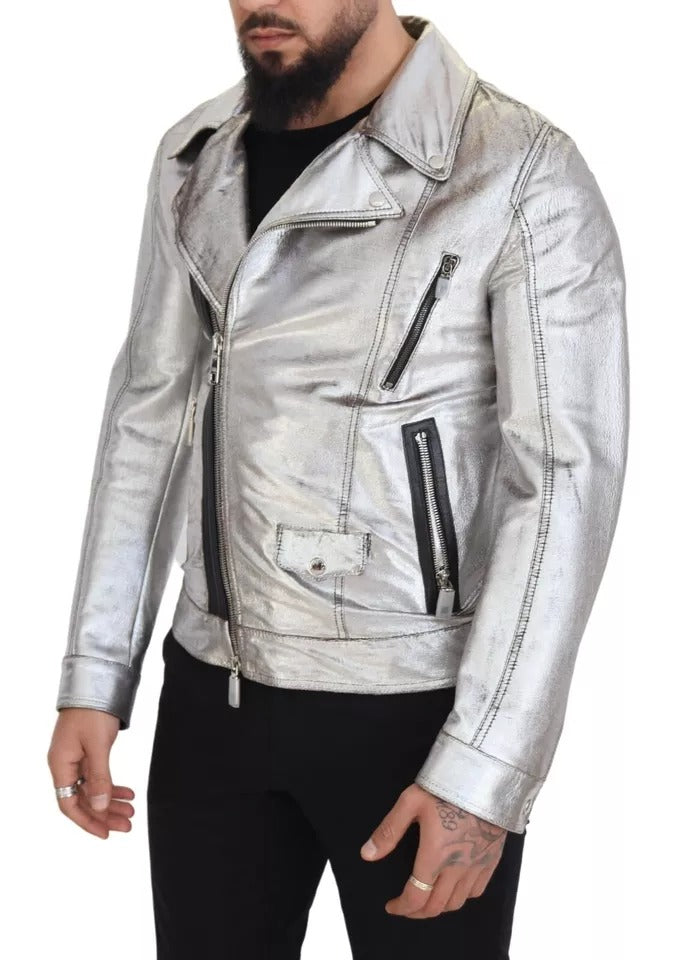 Dolce & Gabbana Silver Leather Biker Coat Lambskin Men's Jacket (Pre-Owned)