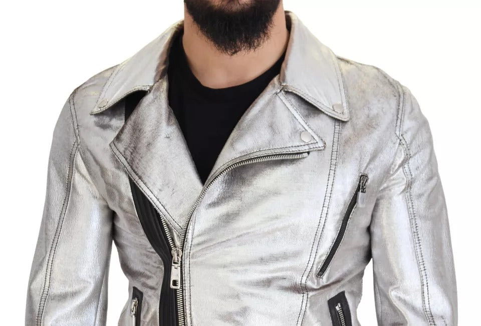 Dolce & Gabbana Silver Leather Biker Coat Lambskin Men's Jacket (Pre-Owned)