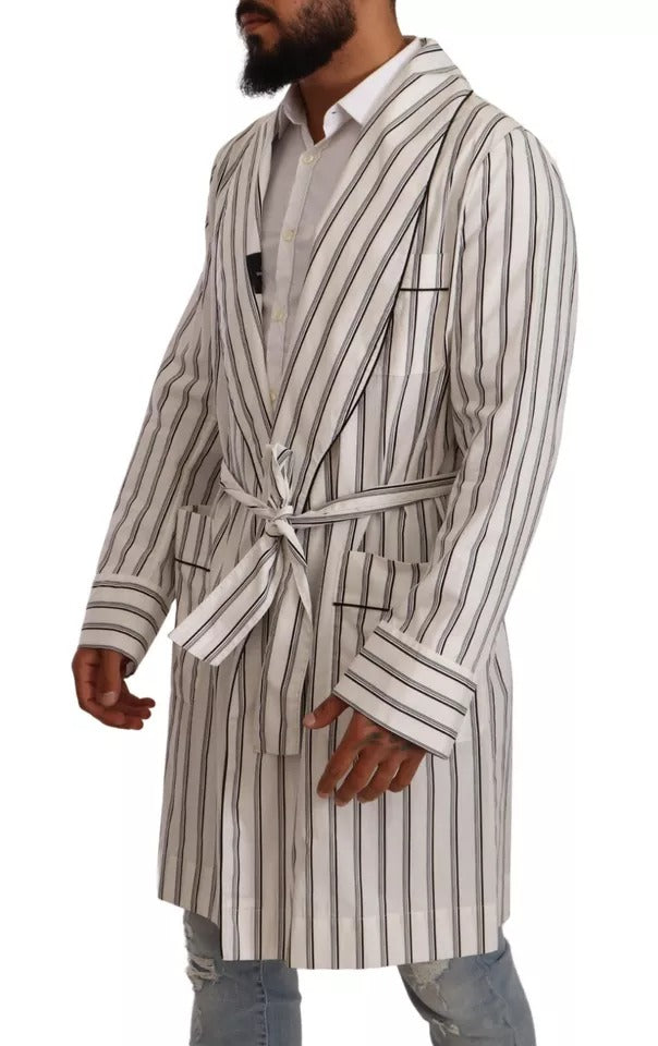 Dolce & Gabbana White Striped Cotton Robe Coat Wrap Men's Jacket (Pre-Owned)