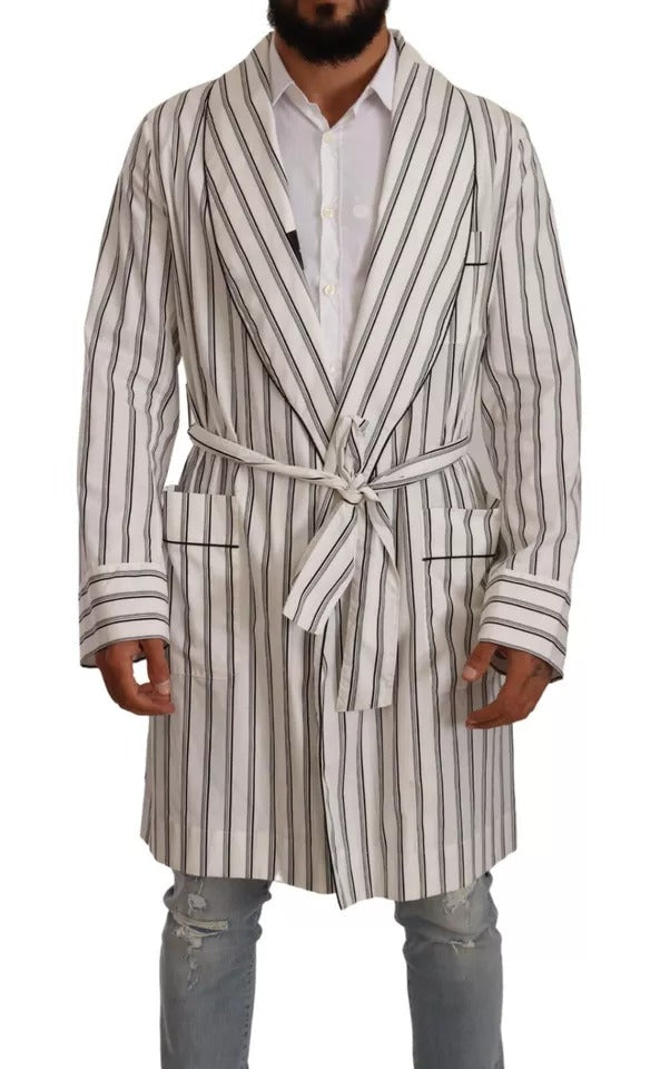 Dolce & Gabbana White Striped Cotton Robe Coat Wrap Men's Jacket (Pre-Owned)
