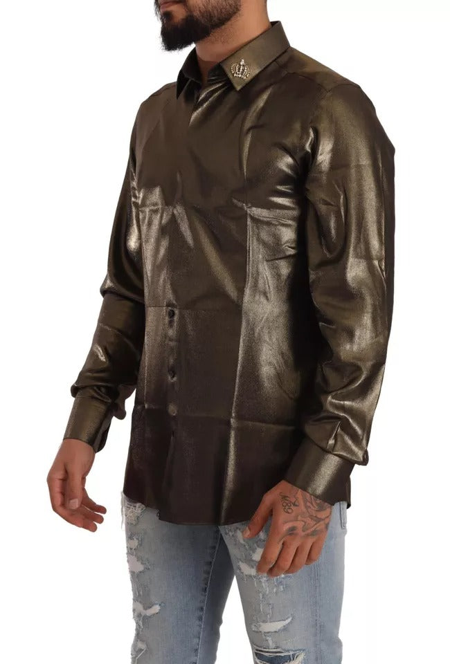 Dolce & Gabbana Metallic Gold DG Embroidered Crown Silk Top Men's Shirt (Pre-Owned)