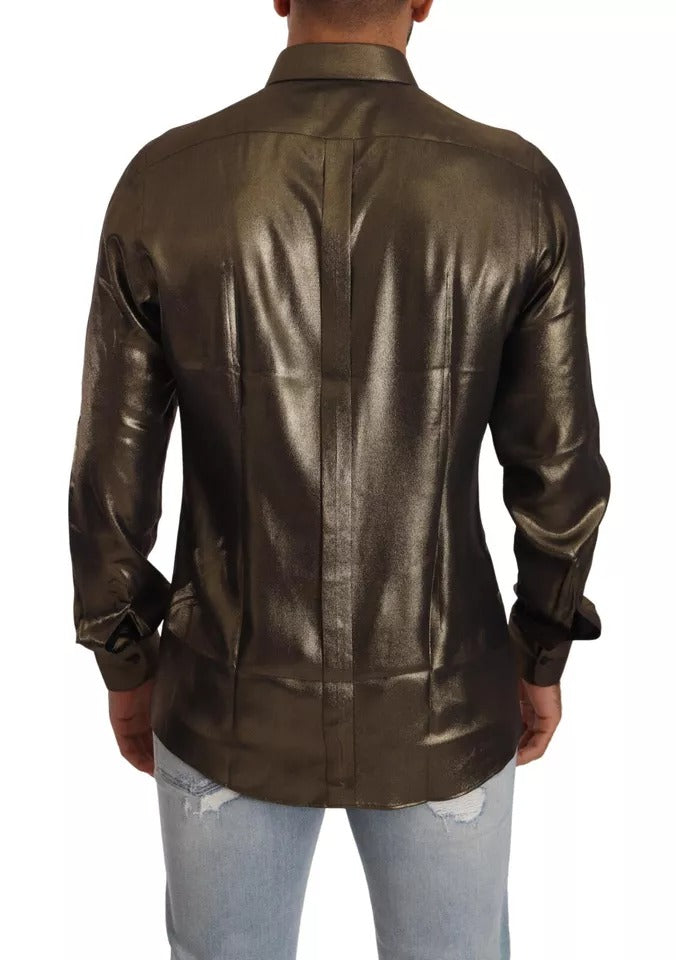 Dolce & Gabbana Metallic Gold DG Embroidered Crown Silk Top Men's Shirt (Pre-Owned)