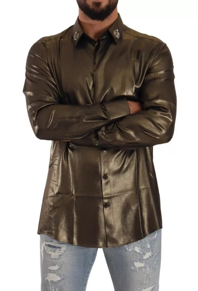 Dolce & Gabbana Metallic Gold DG Embroidered Crown Silk Top Men's Shirt (Pre-Owned)