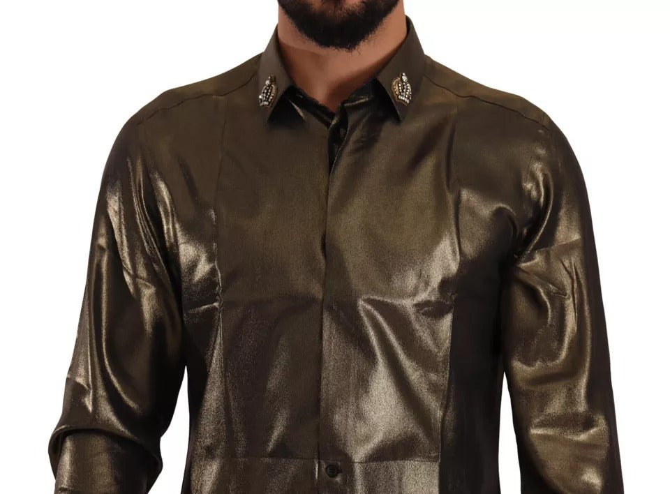 Dolce & Gabbana Metallic Gold DG Embroidered Crown Silk Top Men's Shirt (Pre-Owned)