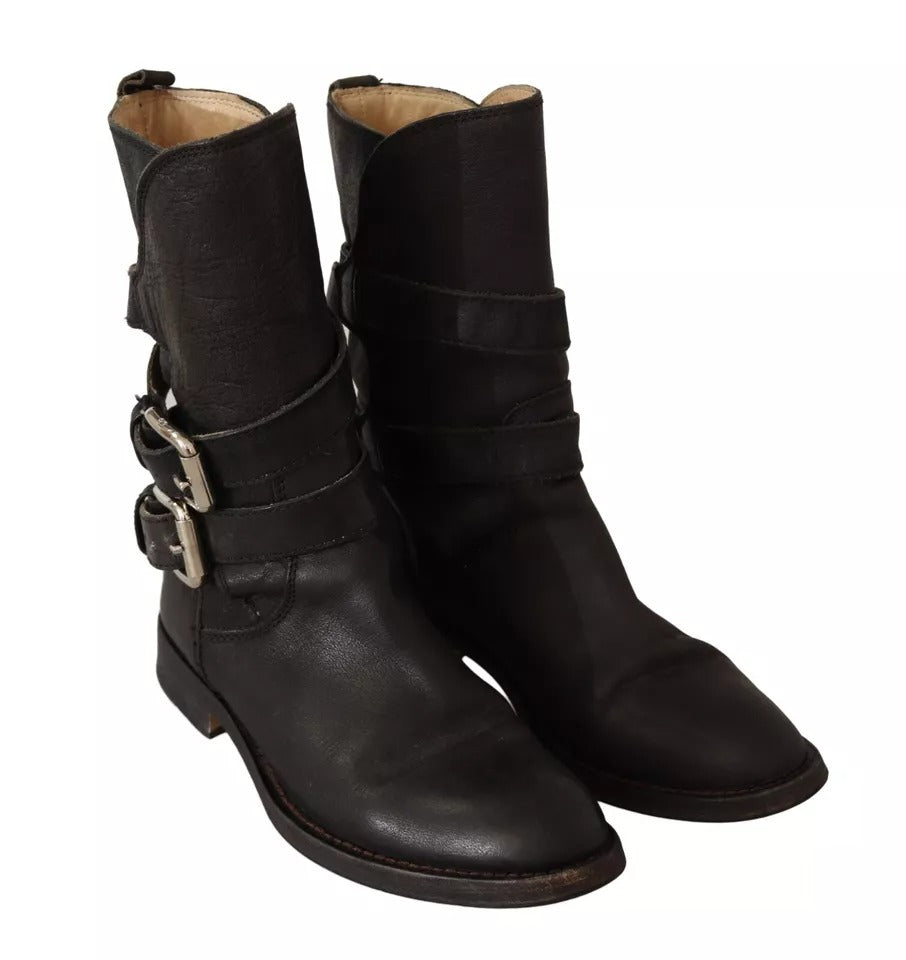 Dolce & Gabbana Black Leather Buckle Mid Calf Boots Women's Shoes (Pre-Owned)