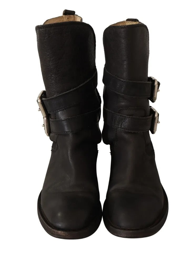 Dolce & Gabbana Black Leather Buckle Mid Calf Boots Women's Shoes (Pre-Owned)