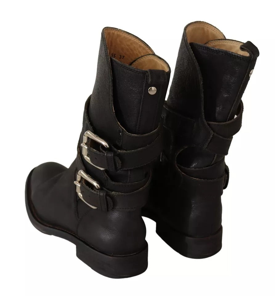 Dolce & Gabbana Black Leather Buckle Mid Calf Boots Women's Shoes (Pre-Owned)