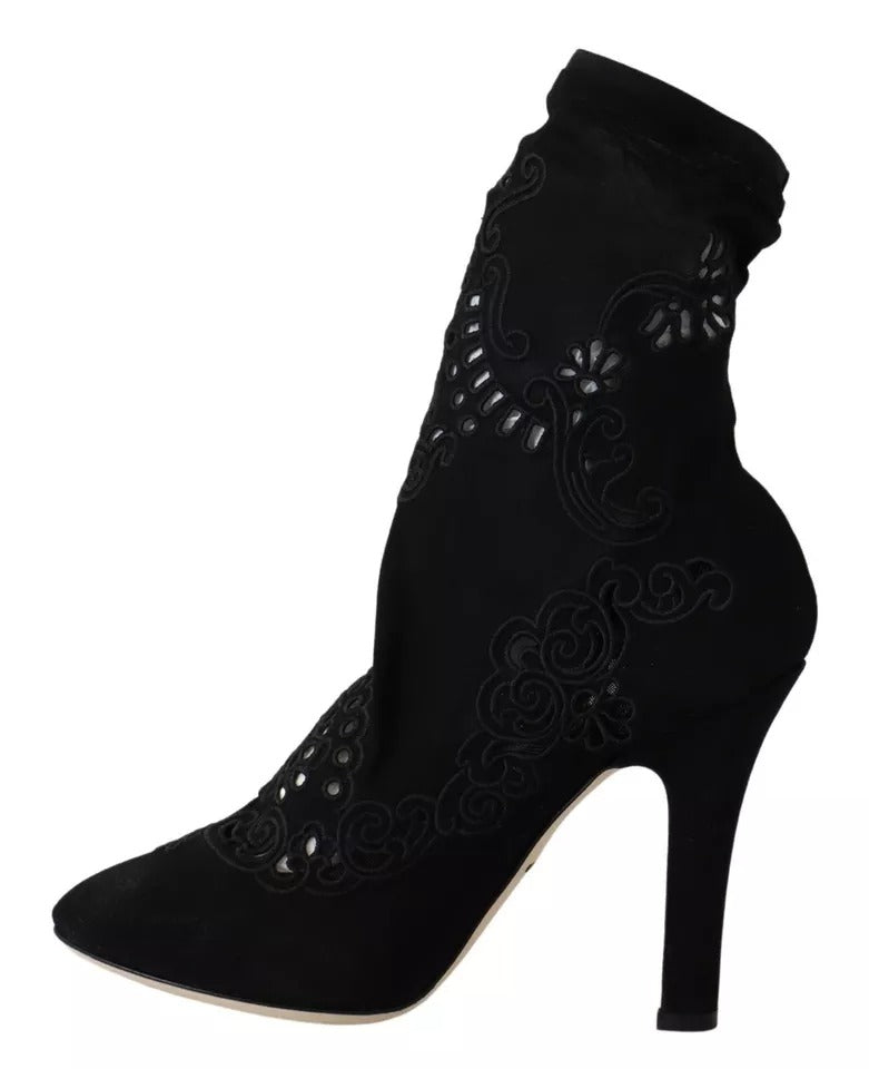 Dolce & Gabbana Black Stretch Pumps Boots Floral Lace Women's Shoes (Pre-Owned)