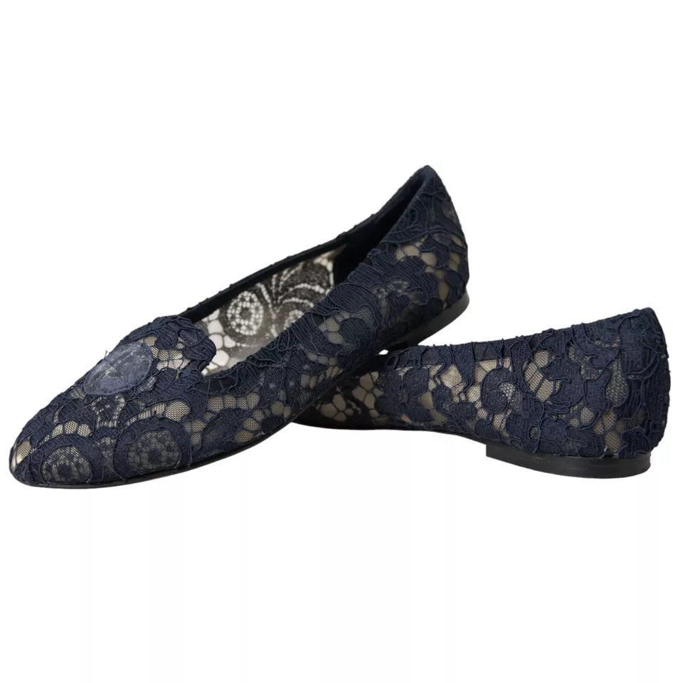 Dolce & Gabbana Dark Blue Taormina Lace Slip On Flats Women's Shoes (Pre-Owned)