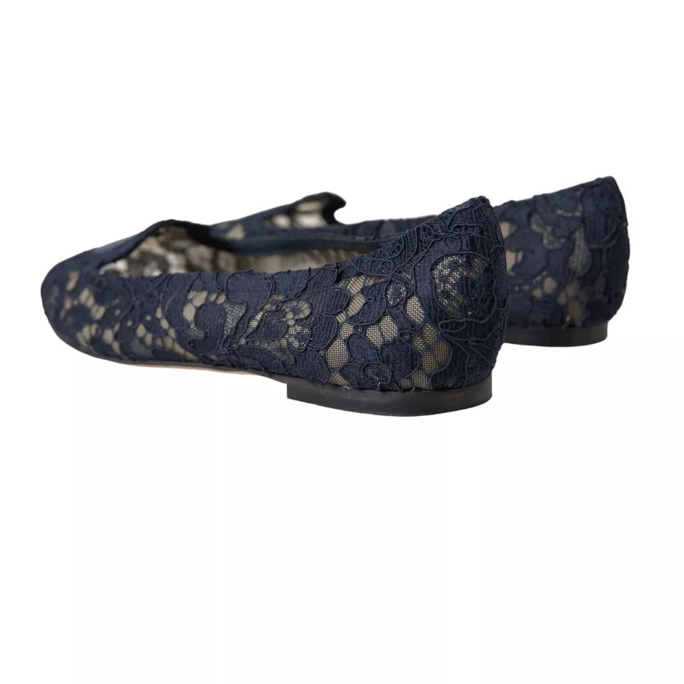Dolce & Gabbana Dark Blue Taormina Lace Slip On Flats Women's Shoes (Pre-Owned)