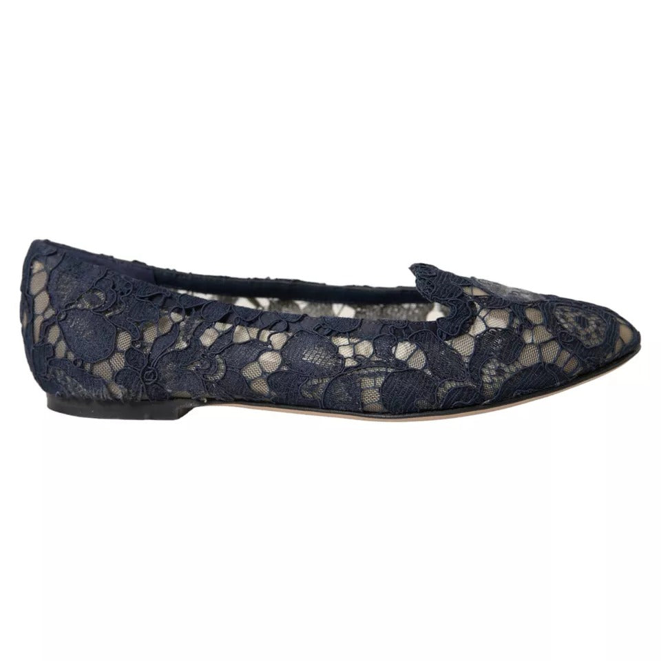 Dolce & Gabbana Dark Blue Taormina Lace Slip On Flats Women's Shoes (Pre-Owned)