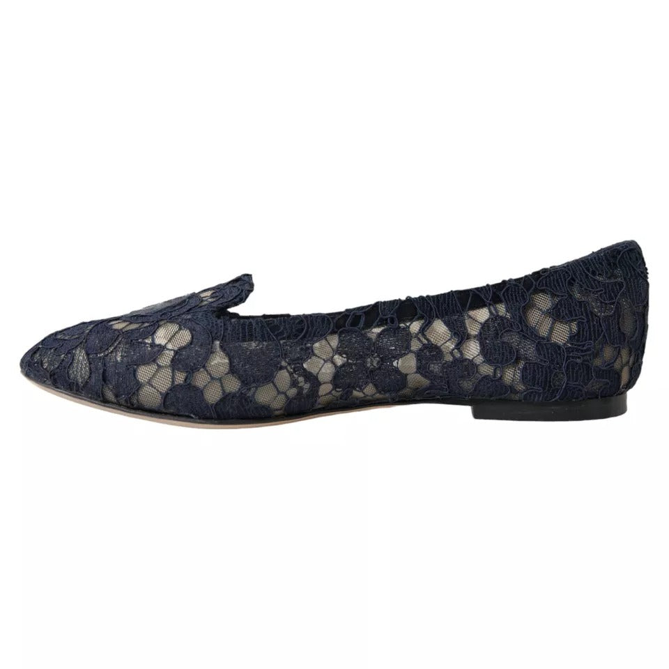 Dolce & Gabbana Dark Blue Taormina Lace Slip On Flats Women's Shoes (Pre-Owned)