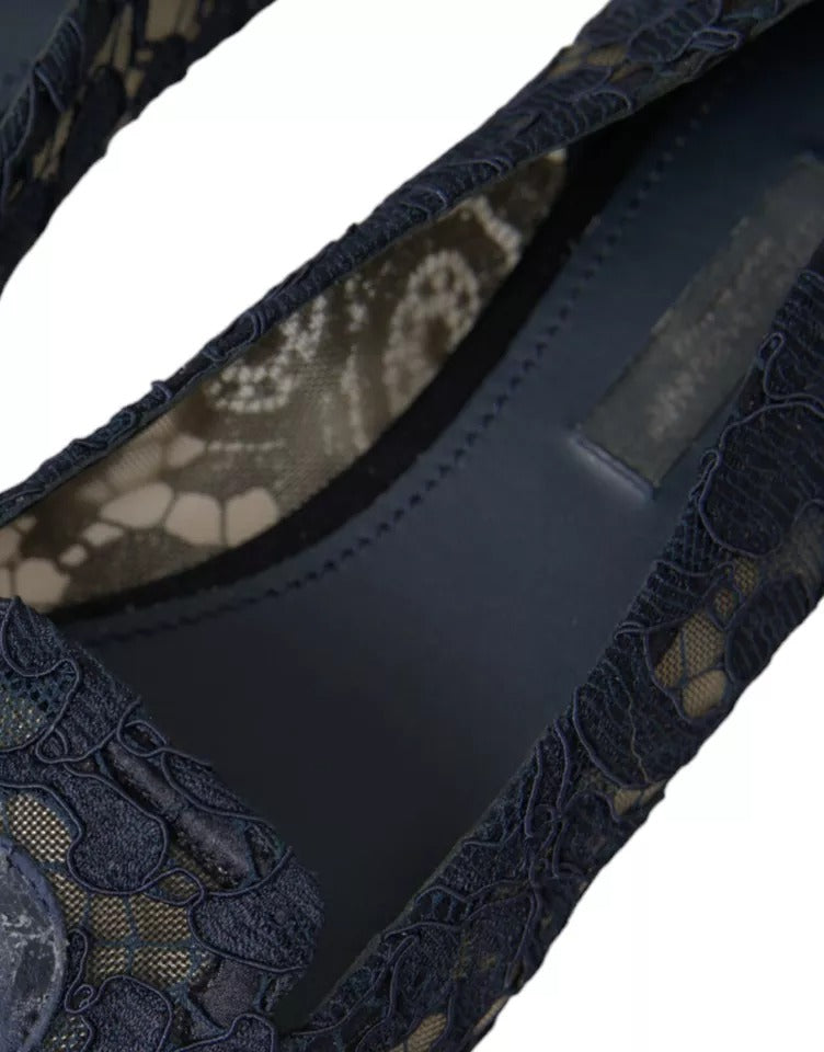 Dolce & Gabbana Dark Blue Taormina Lace Slip On Flats Women's Shoes (Pre-Owned)
