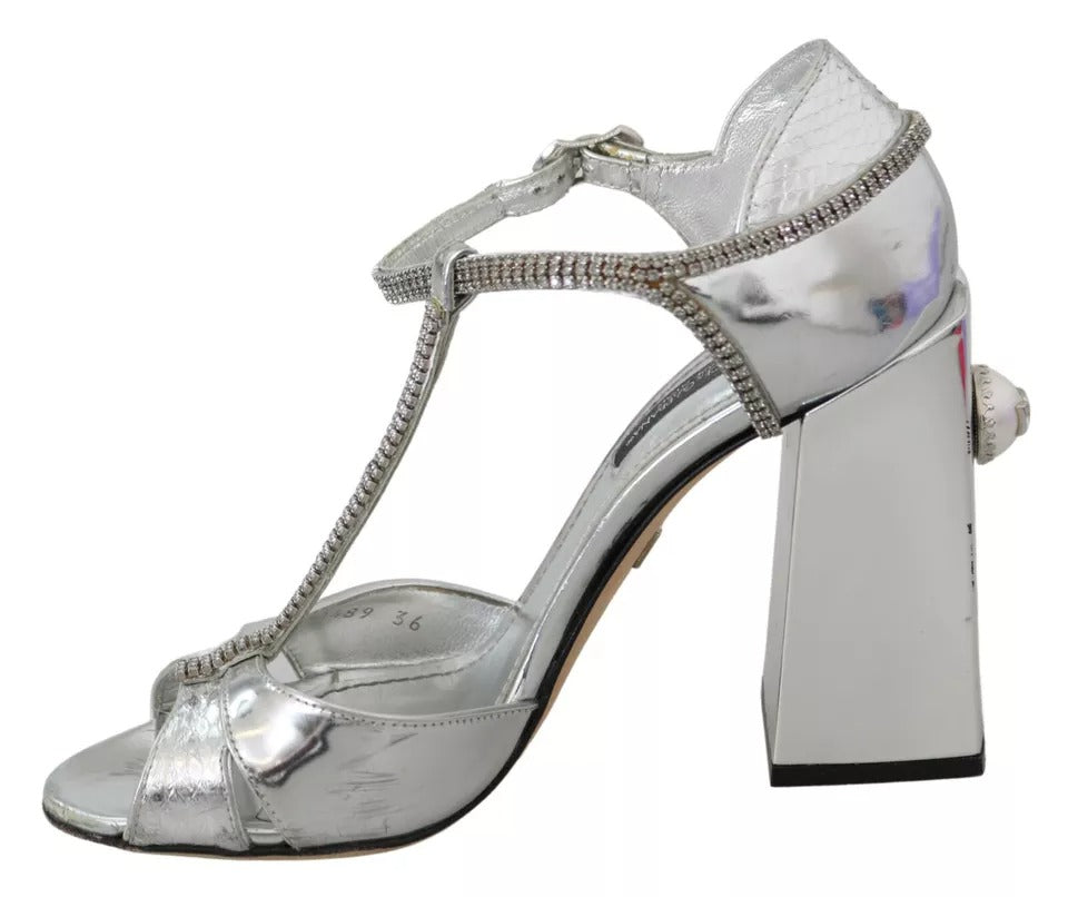 Dolce & Gabbana Silver Crystals T-strap Sandals Leather Women's Shoes (Pre-Owned)