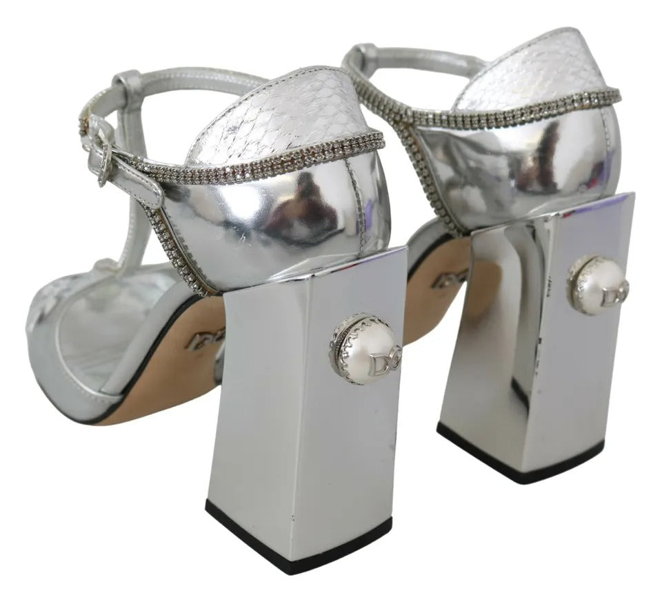 Dolce & Gabbana Silver Crystals T-strap Sandals Leather Women's Shoes (Pre-Owned)